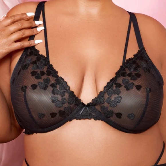 NEW Love Vera Embroidered Heart Unlined Plunge Bra Mesh Sheer Black 34DDD NWT - Picture 3 of 5